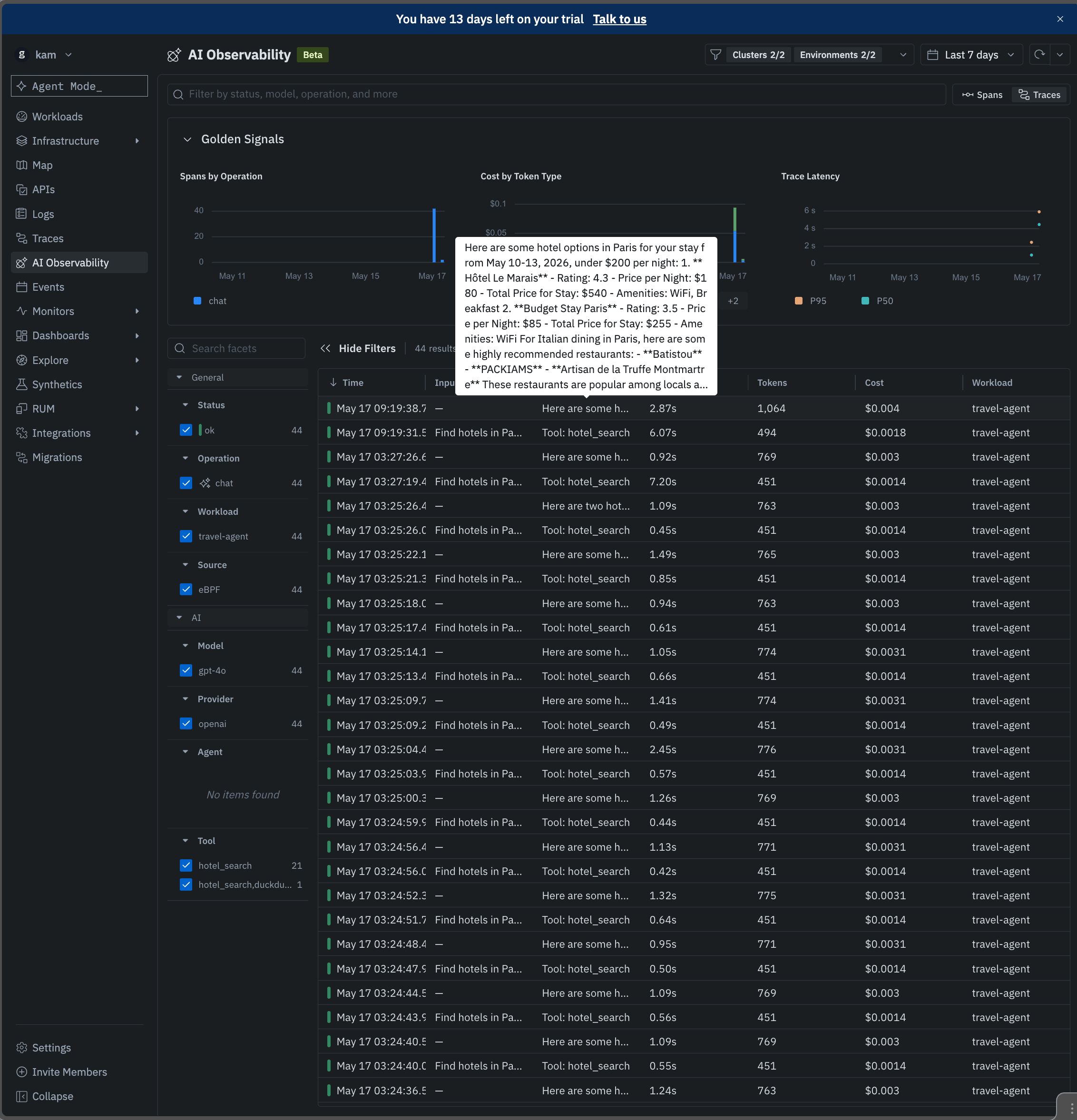 groundcover AI observability view