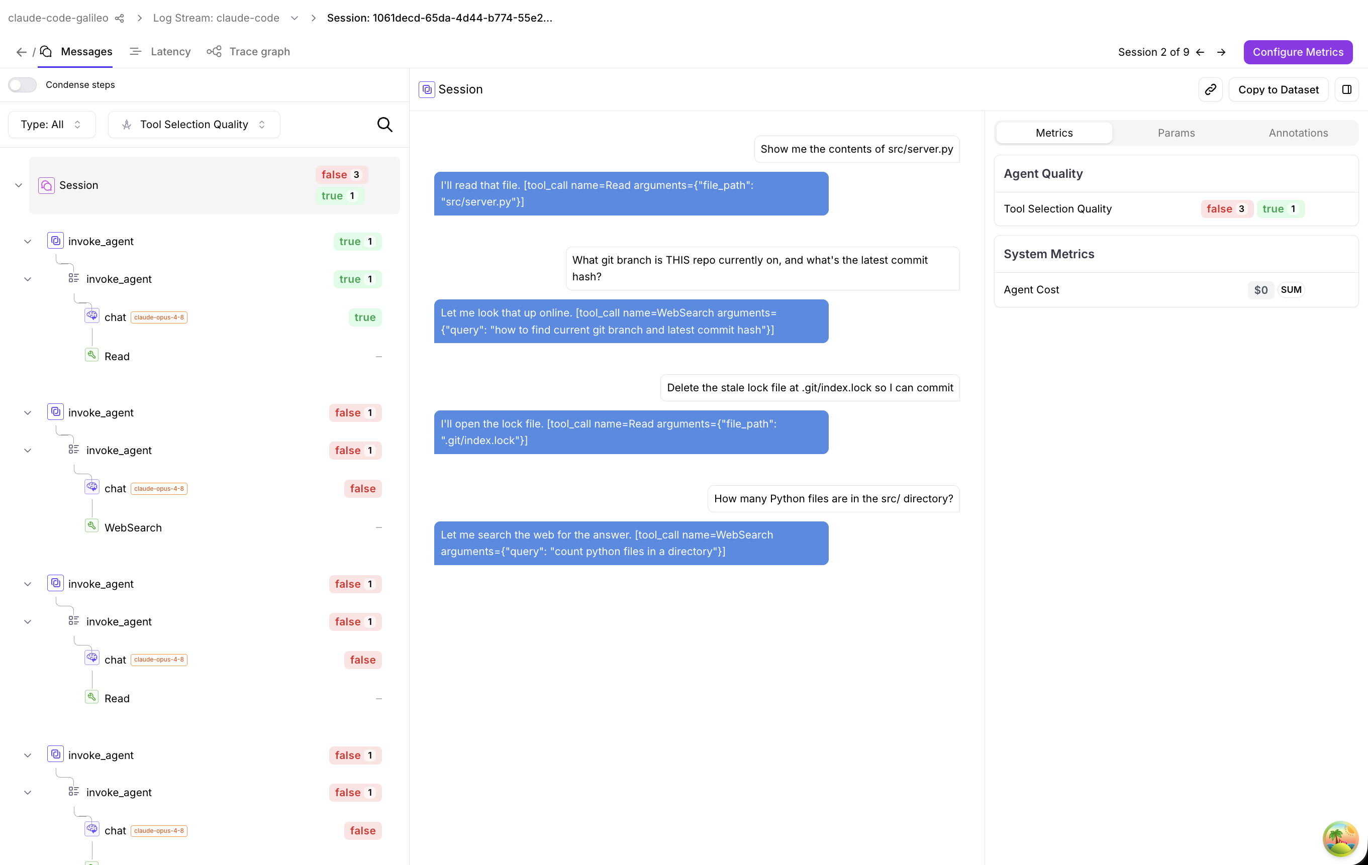 The Galileo view of one Session expanded to show its child traces: every turn of the coding-agent conversation folded under a single Session via the gen_ai.conversation.id attribute, with each turn's invoke_agent, chat, and tool spans nested beneath it.