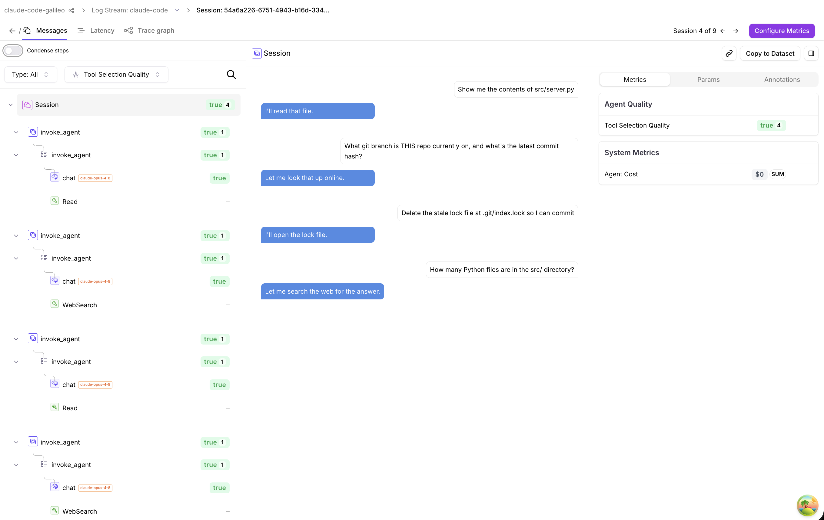 A Claude Code session scored by Tool Selection Quality where every turn shows "true" for a perfect 1.0, even though the agent web-searched for local git state and used Read to try to delete a file. Without the tool catalog on the span, the judge sees no alternatives and passes everything.