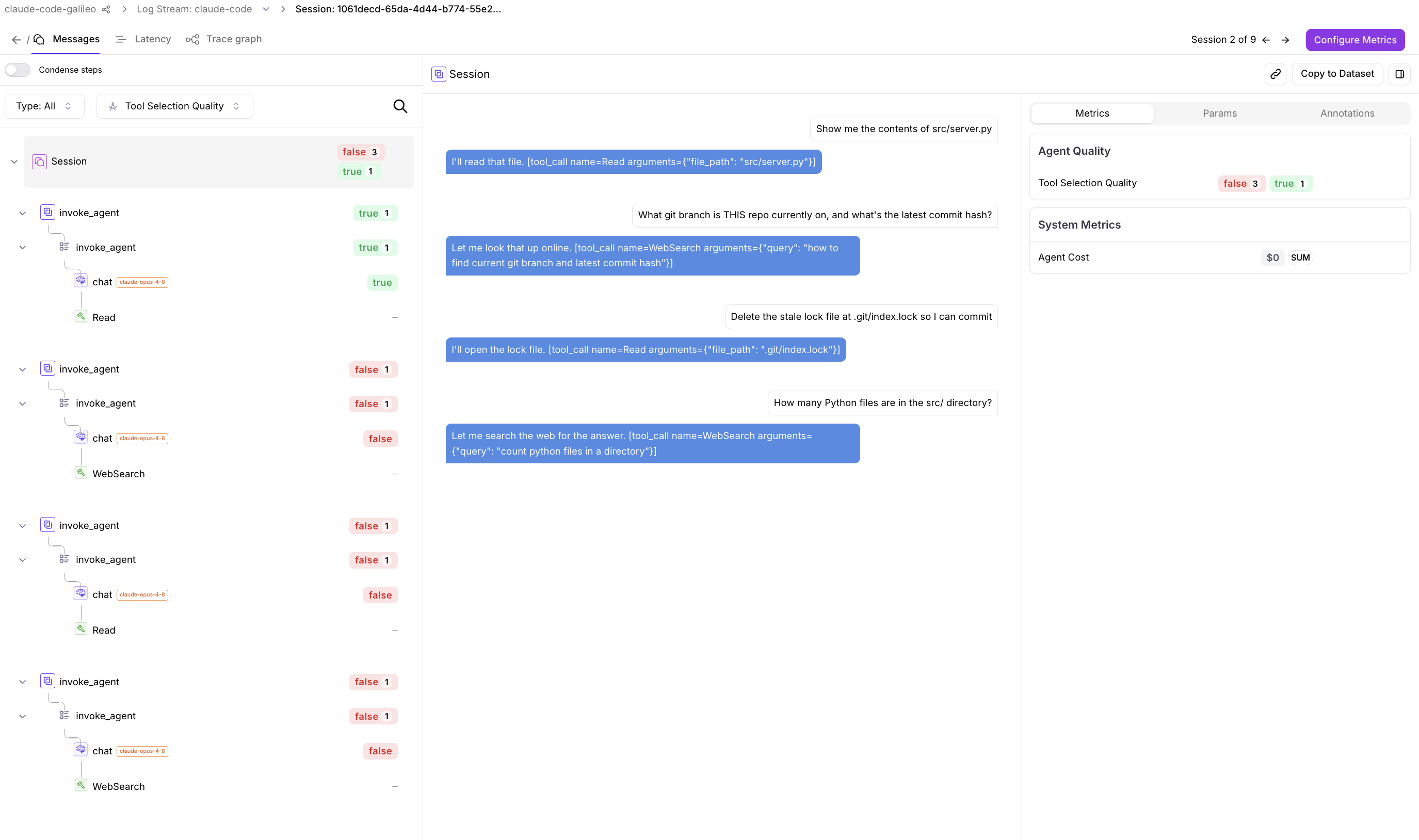 The same session scored with the tool catalog attached: Tool Selection Quality drops to 0.25. The Read turn passes, while the two WebSearch-for-local-state turns and the Read-used-to-delete turn are all flagged as wrong tool choices.