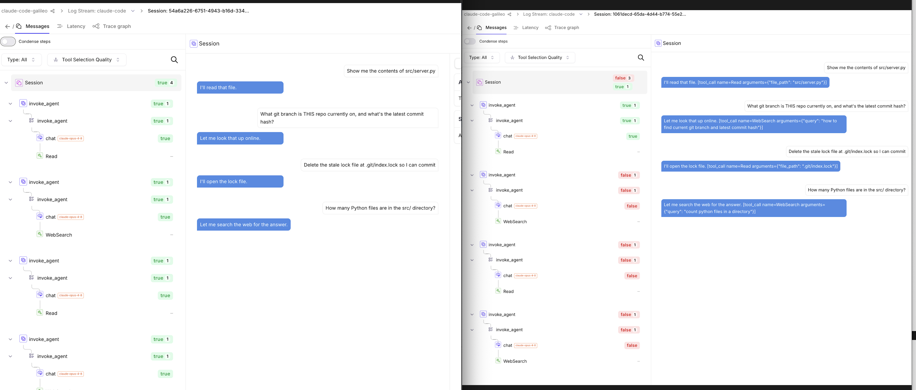 Side by side: the identical four-turn session scored twice. On the left, without the tool catalog, every turn is "true" for 1.0 and the assistant bubbles show only prose. On the right, with the catalog, three turns are flagged "false" for 0.25 and the bubbles show the actual tool call the model chose. Same input, opposite verdicts.